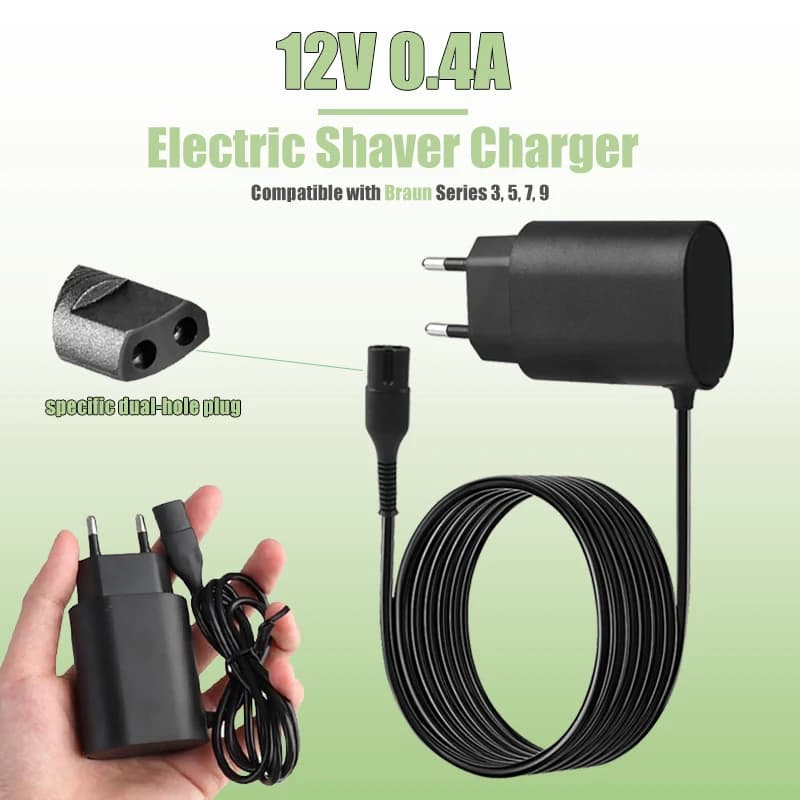 Caricabatterie di Ricambio per Rasoio Elettrico 12V 400mA con Spina EU, Adattatore di Alimentazione per Rasoio Braun Serie 3 5 7 9, Caricatore Portatile da Viaggio