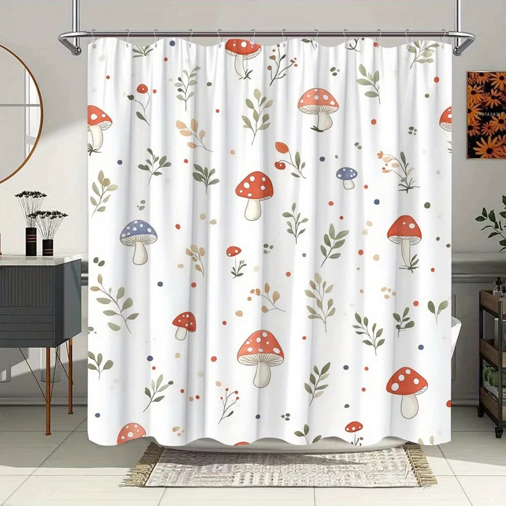 Tenda da doccia stravagante con funghi e piante - Design naturale ad acquerello, sfondo bianco, lavabile in lavatrice, arredamento per il bagno