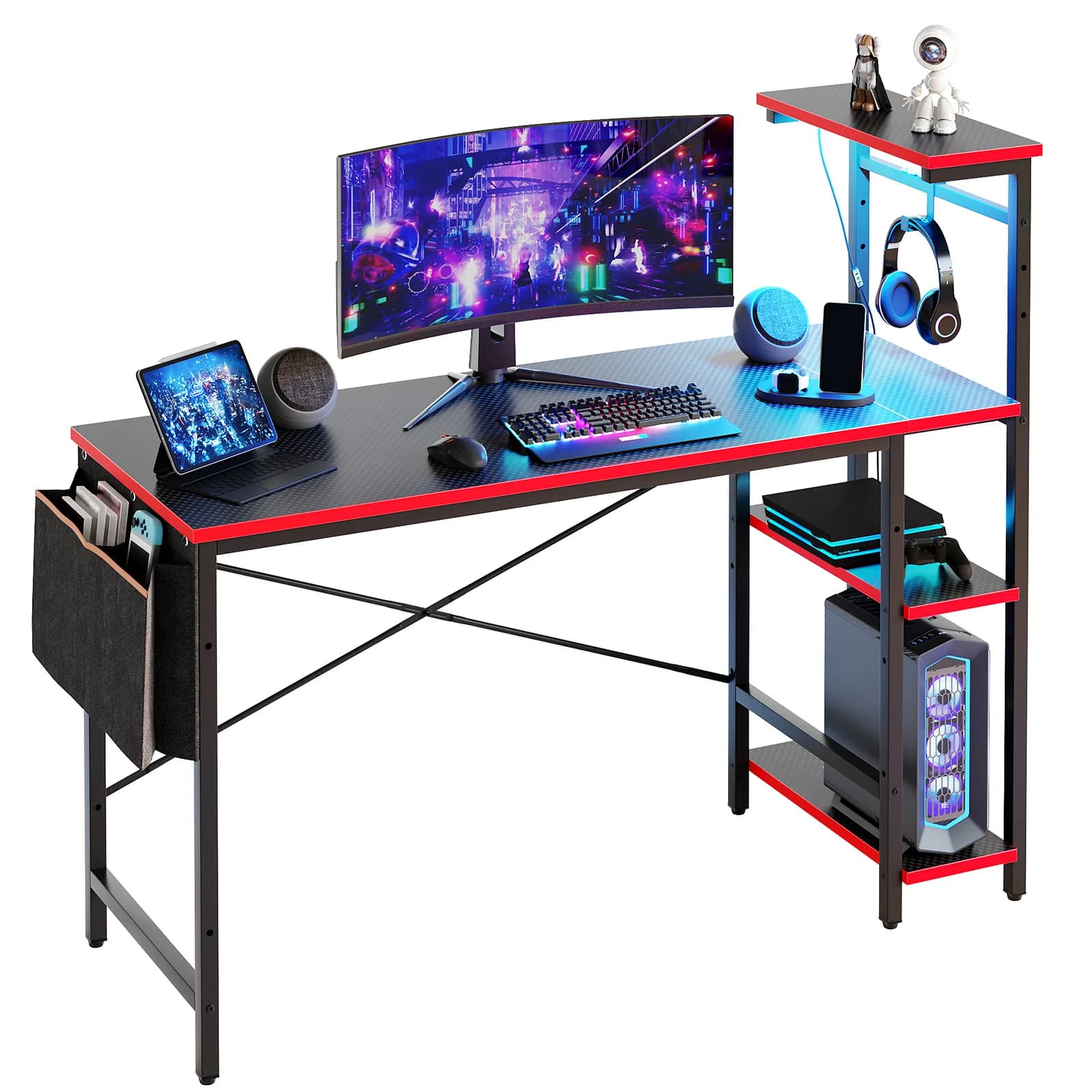 NOST&HOST Gaming 51.3" desktop for PC/Computer with LED, 4 shelves, Storage compartment, Hooks and Adjustable shelf (Black Carbon Fiber)