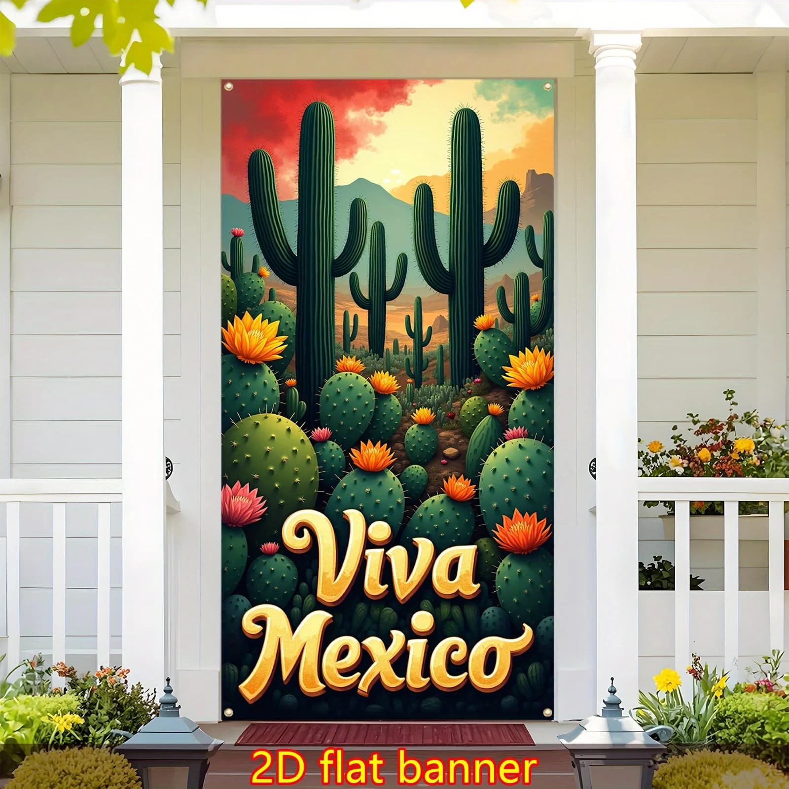 2D door curtain banner, 1 Mexican Independence Day, "Viva Mexico" door curtain decoration with cacti and Mexican characters