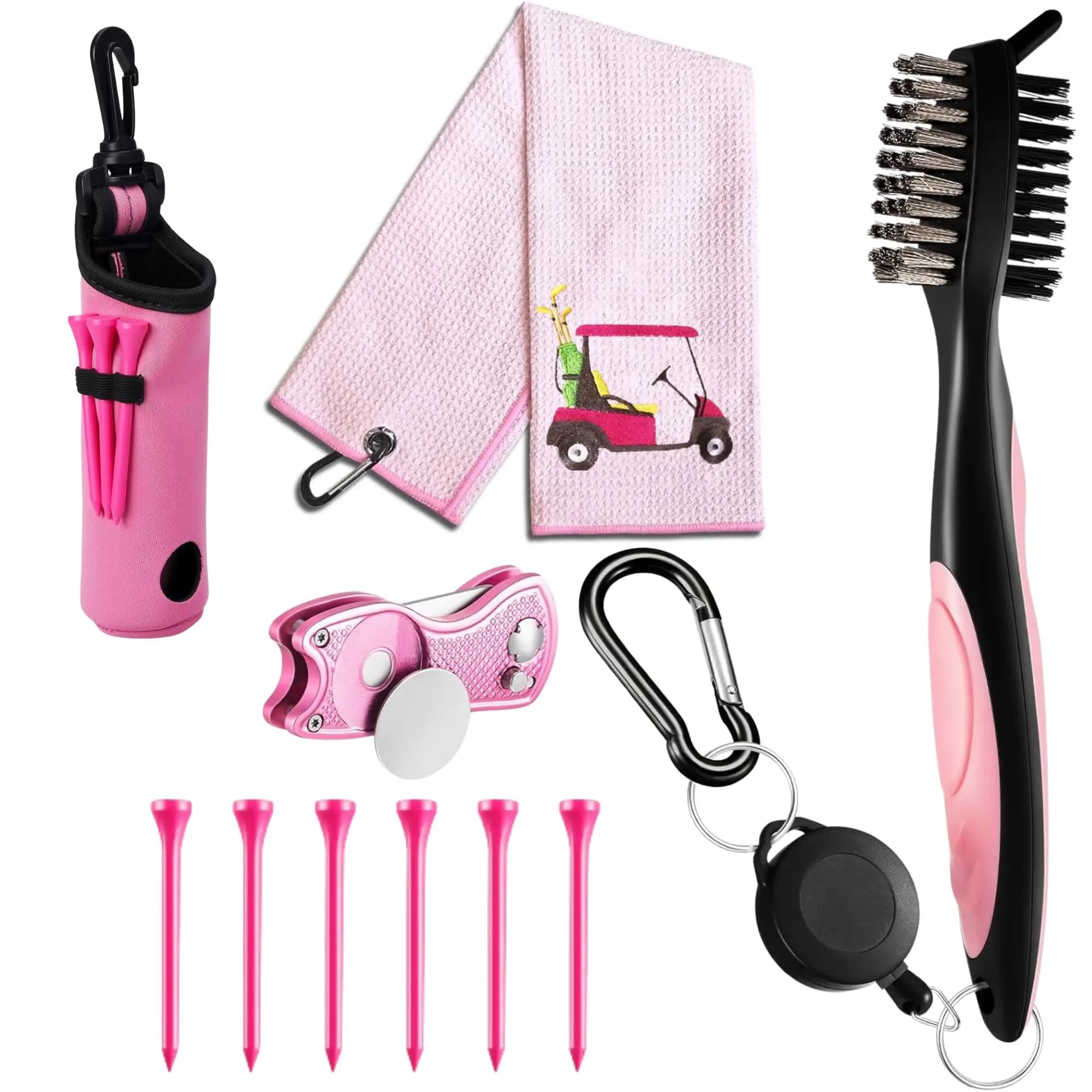 Kit di Accessori da Golf da 10 Pezzi, Include Borsa Porta Palline con Gancio, Asciugamano, Tee, Marcatore Magnetico per Palline, Ripara-Divot e Spazzola per la Pulizia, per Donne