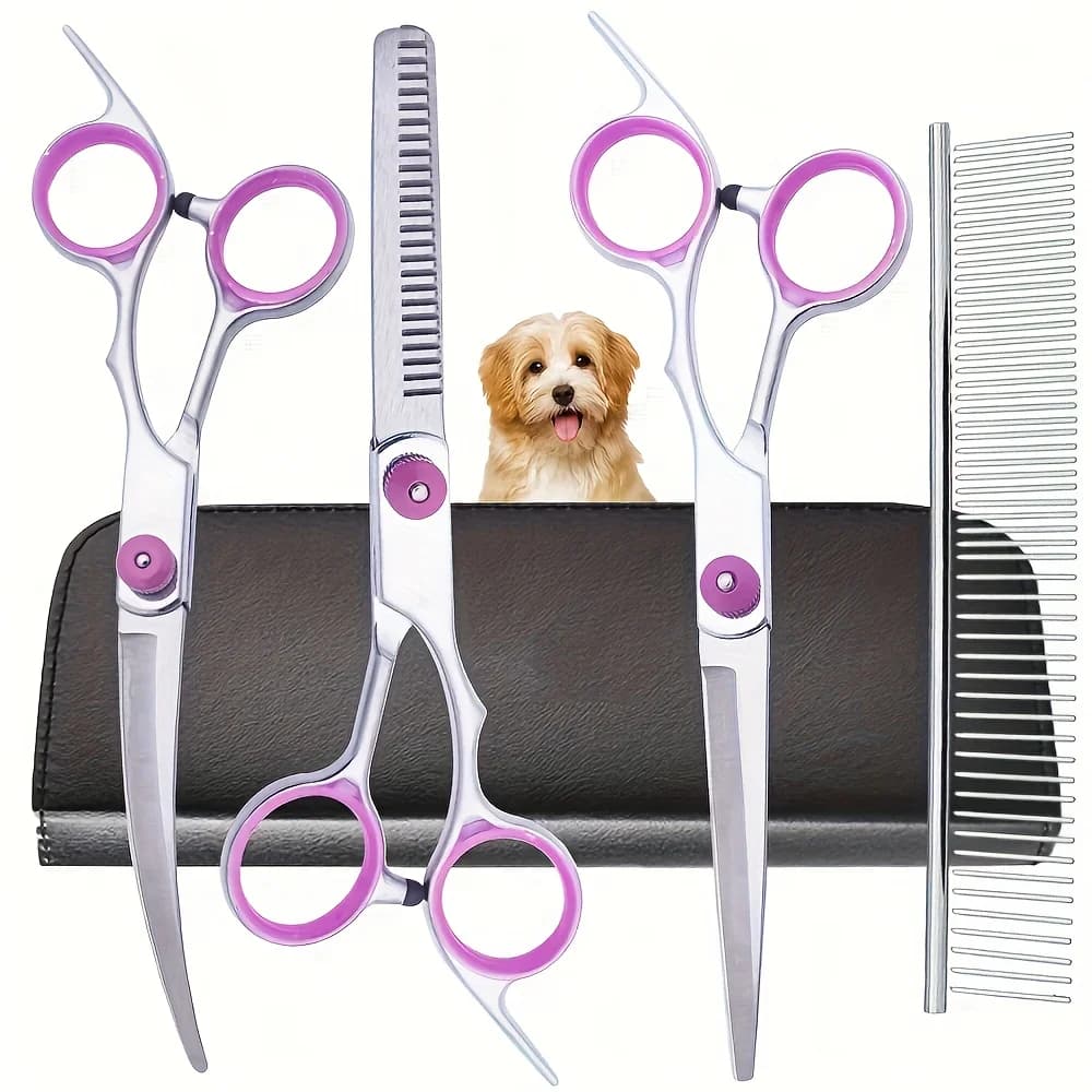 Set di 5 Forbici Professionali per Toelettatura Cani in Acciaio Inossidabile, Kit con Forbici Curve e Sfoltitrici, Pettine e Custodia per Taglio Pelo Animali Domestici