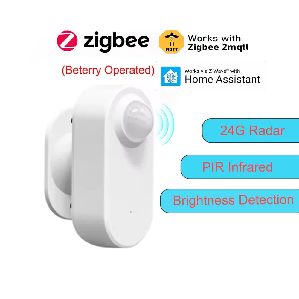 Human presence sensor Smart Zigbee Radar 24G MmWave + PIR, lighting detection Use battery support Zigbee2mqtt Home assistant