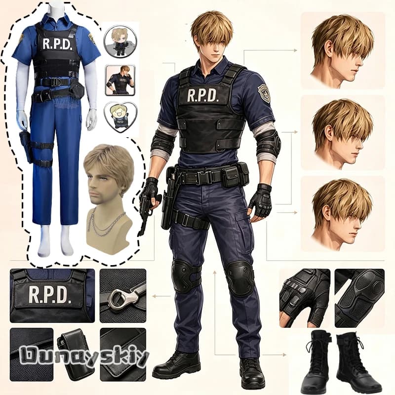 Halloween Man Leon Cosplay Costume Vest Top Pants Accessories Custome Resident 2 Cosplay Re Leon Scott Kennedy Disguise Fullset
