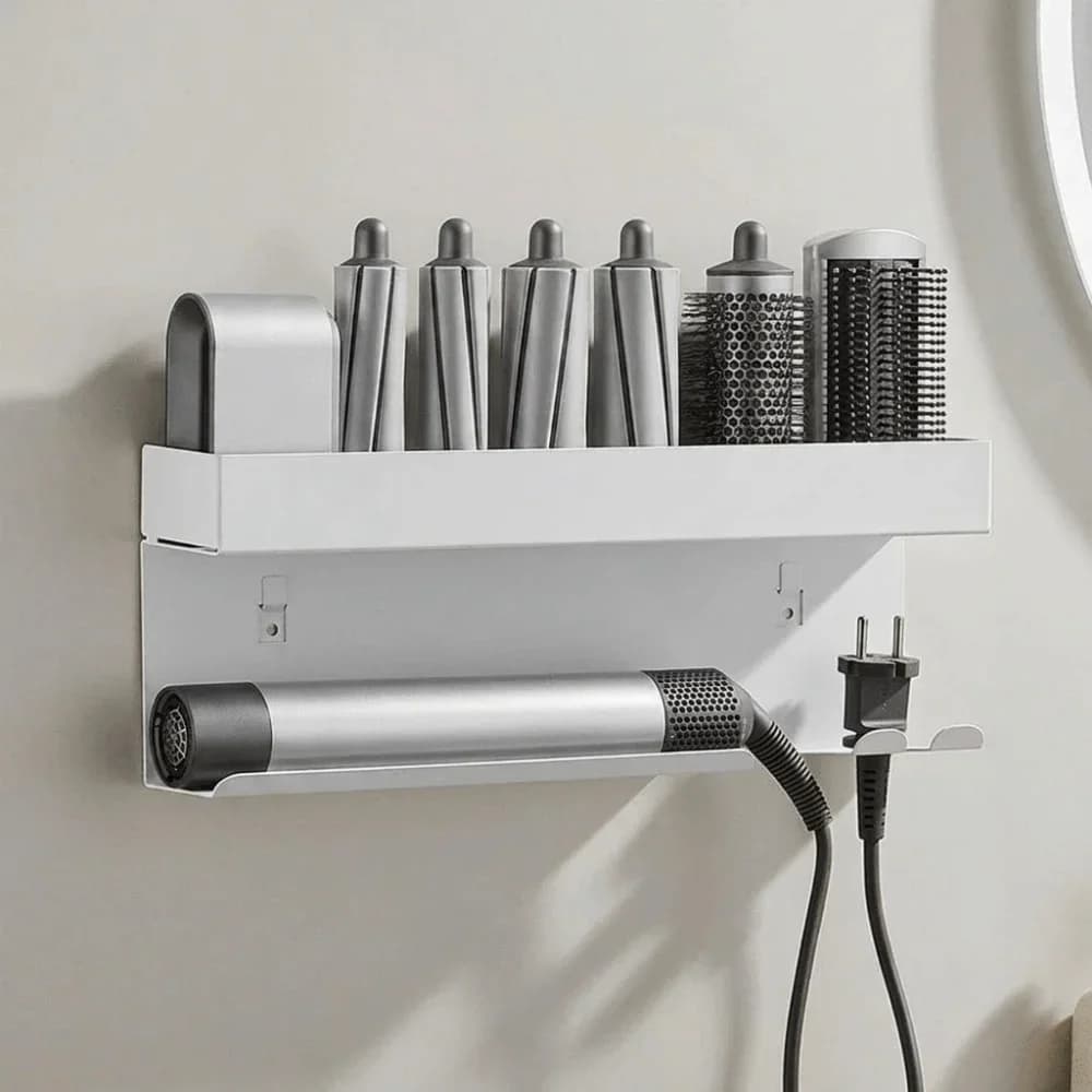 Carbon Steel Curling Iron Storage Rack No Drill Space Saving Hair Curler Storage Shelf Wall Mounted Hair Tool Holder Beauty Room