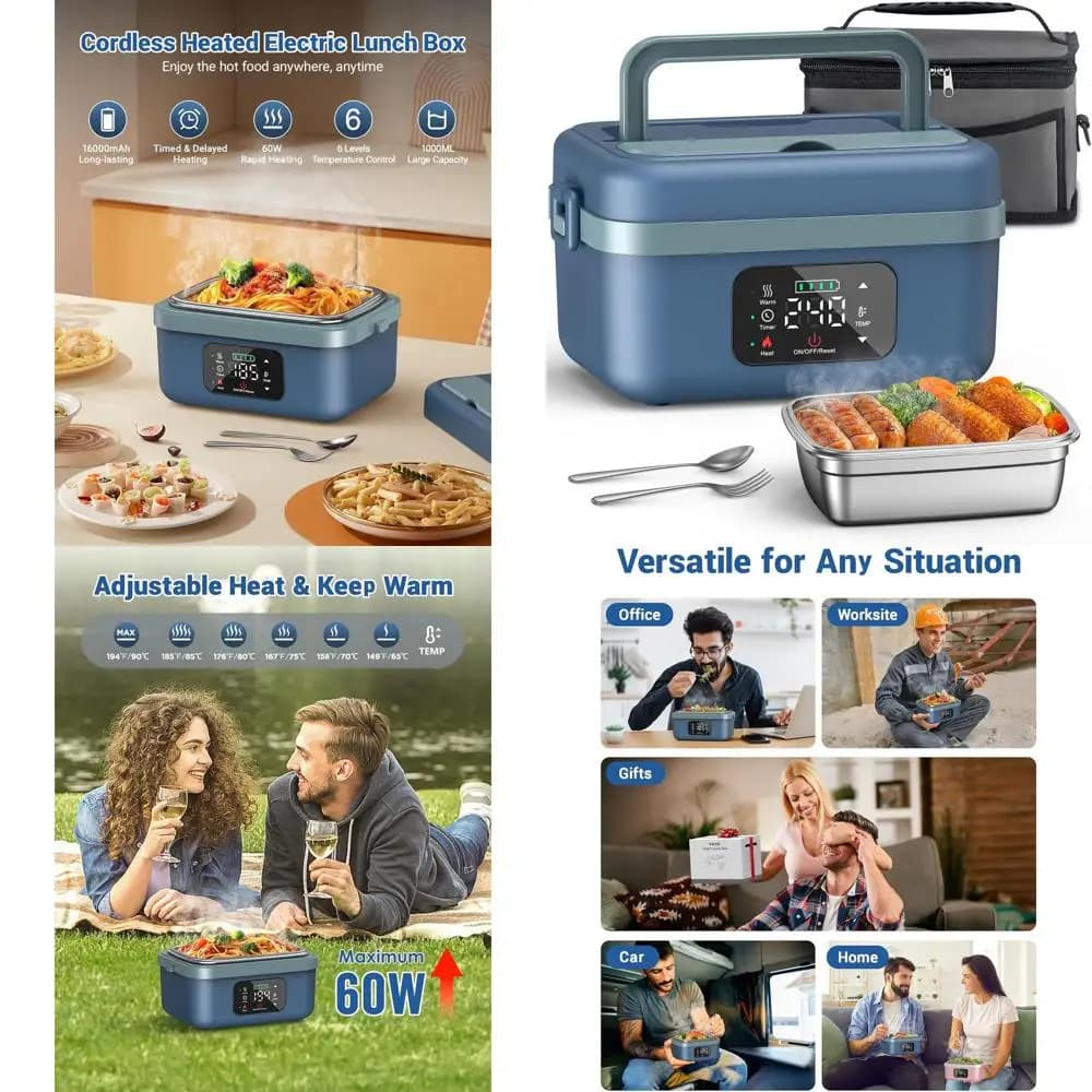 Portapranzo riscaldato elettrico portatile da 1 litro, ricaricabile da 16000 mAh, ideale per ufficio, picnic, auto e uso esterno