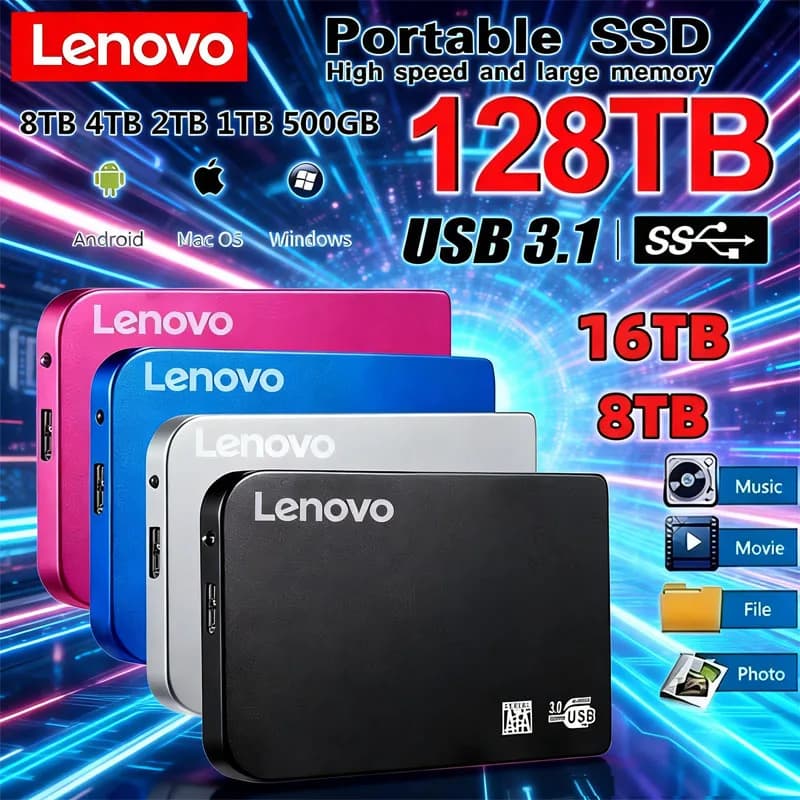 Lenovo 128TB High-speed SSD USB 3.0 Enclosure Mobile Hard Drive Cases for SSD External Storage HDD Box With USB3.0 Cable ABS