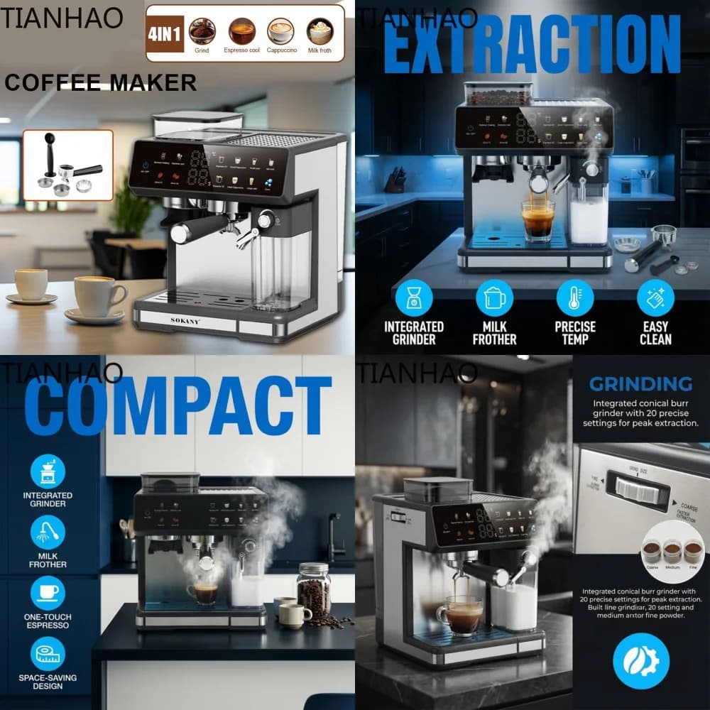Large Screen Touchscreen Espresso Machine for Europe Standard Semi Automatic Coffee Maker with Grinder Brew Steam Function