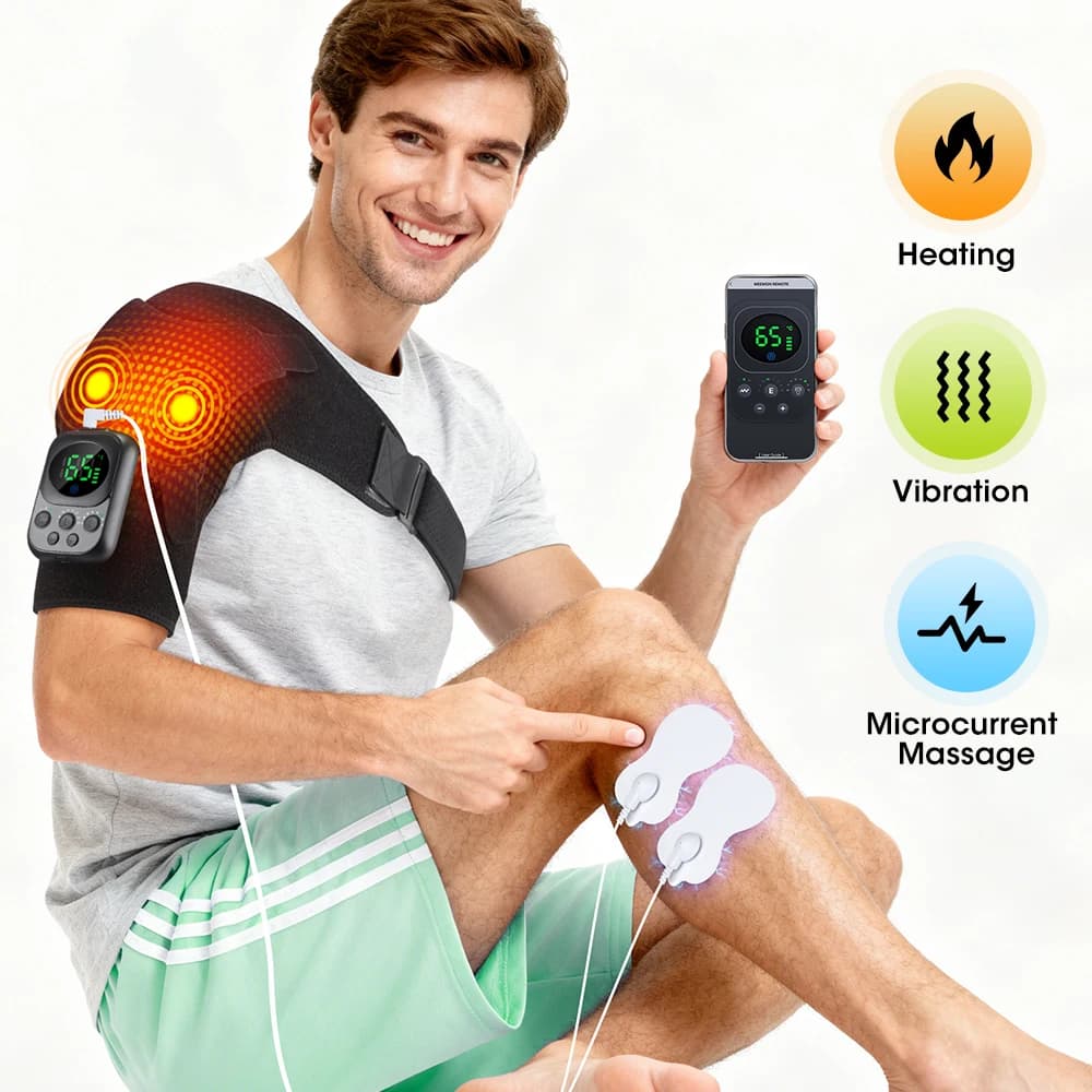 Massaggiatore per Spalle Elettrico con Riscaldamento, Cintura Regolabile con Vibrazione e Controllo Wireless Staccabile per Rilassare i Muscoli
