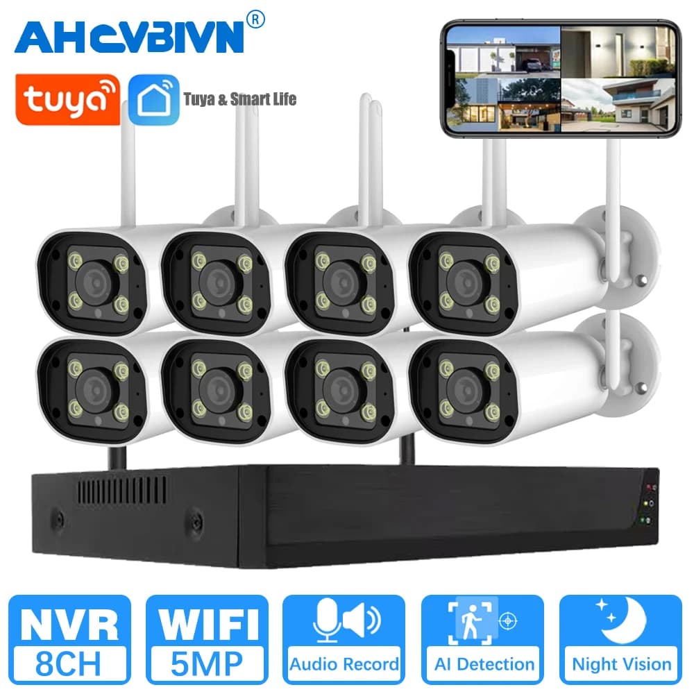 8CH 5MP Tuya Smartlife Sistema di sicurezza CCTV wireless WiFi NVR Kit Visione notturna Telecamere HD Set di sorveglianza per casa/cam esterna