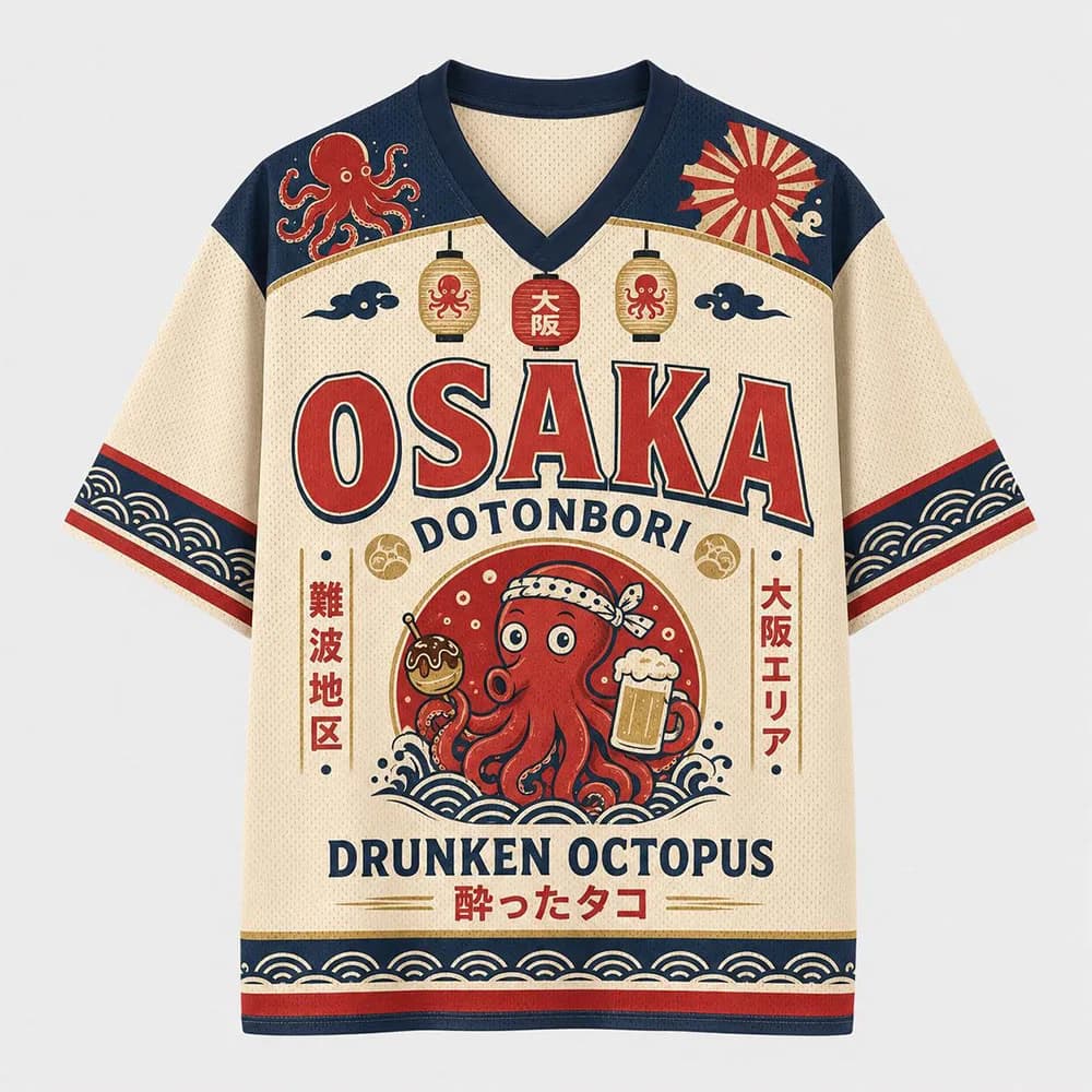 Osaka Dotonbori Soccer Jersey Japanese Octopus Football Tee Travel Souvenir Street Food Graphic Shirt Retro Japan Apparel Ramen