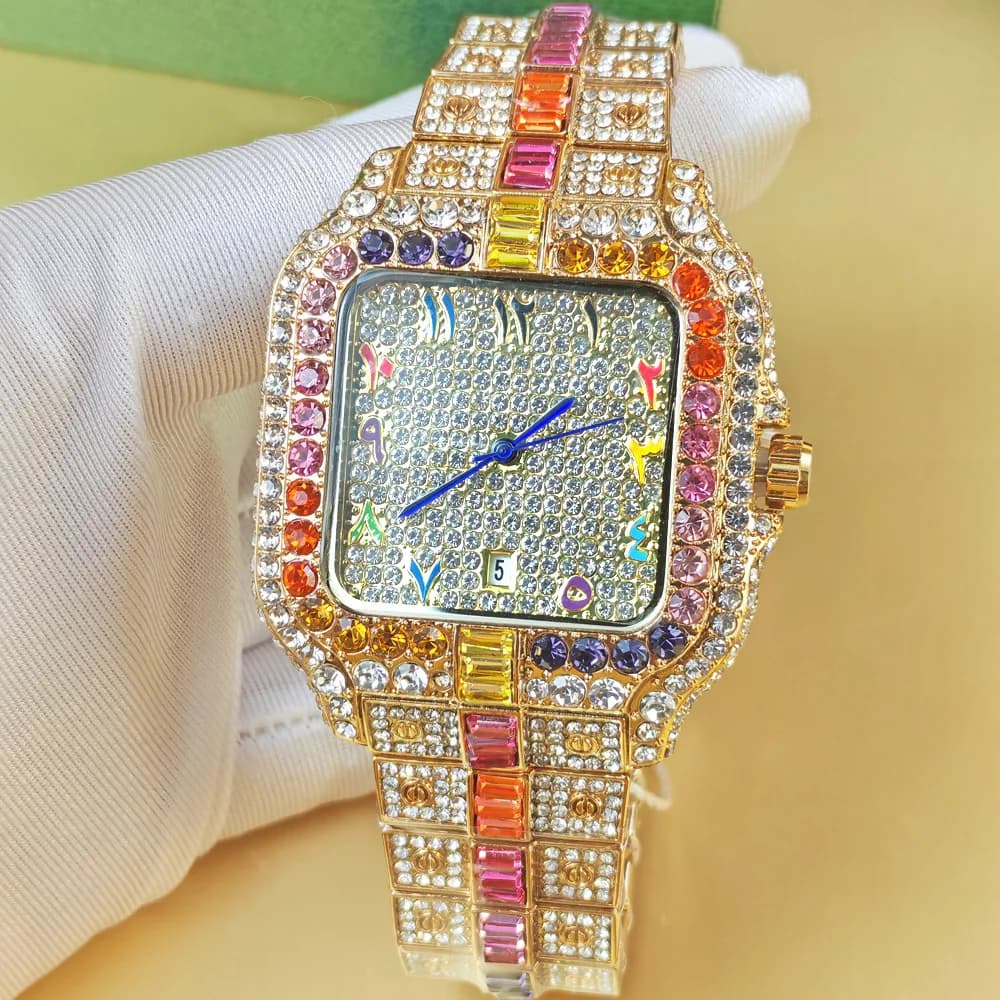 Iced Out Rainbow Diamond Quartz Watch Men Full Diamond Hip Hop Male Gold Square Shaped Gypsophila Vintage Man for Clock Reloj