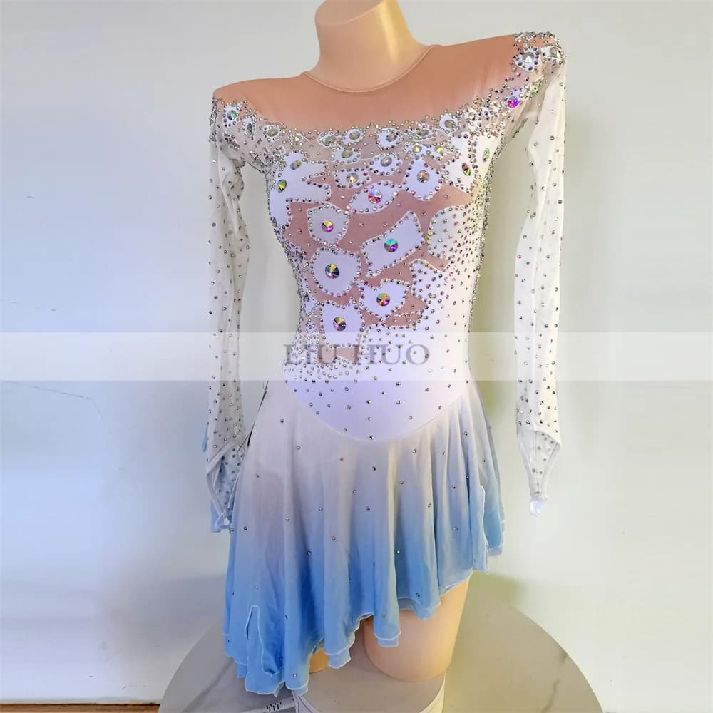 LIUHUO Donna Aldult Girl Personalizza Costume Competizione Performance Body Pattinaggio di Figura sul Ghiaccio Vestito Danza Blu Bianco Sfumato