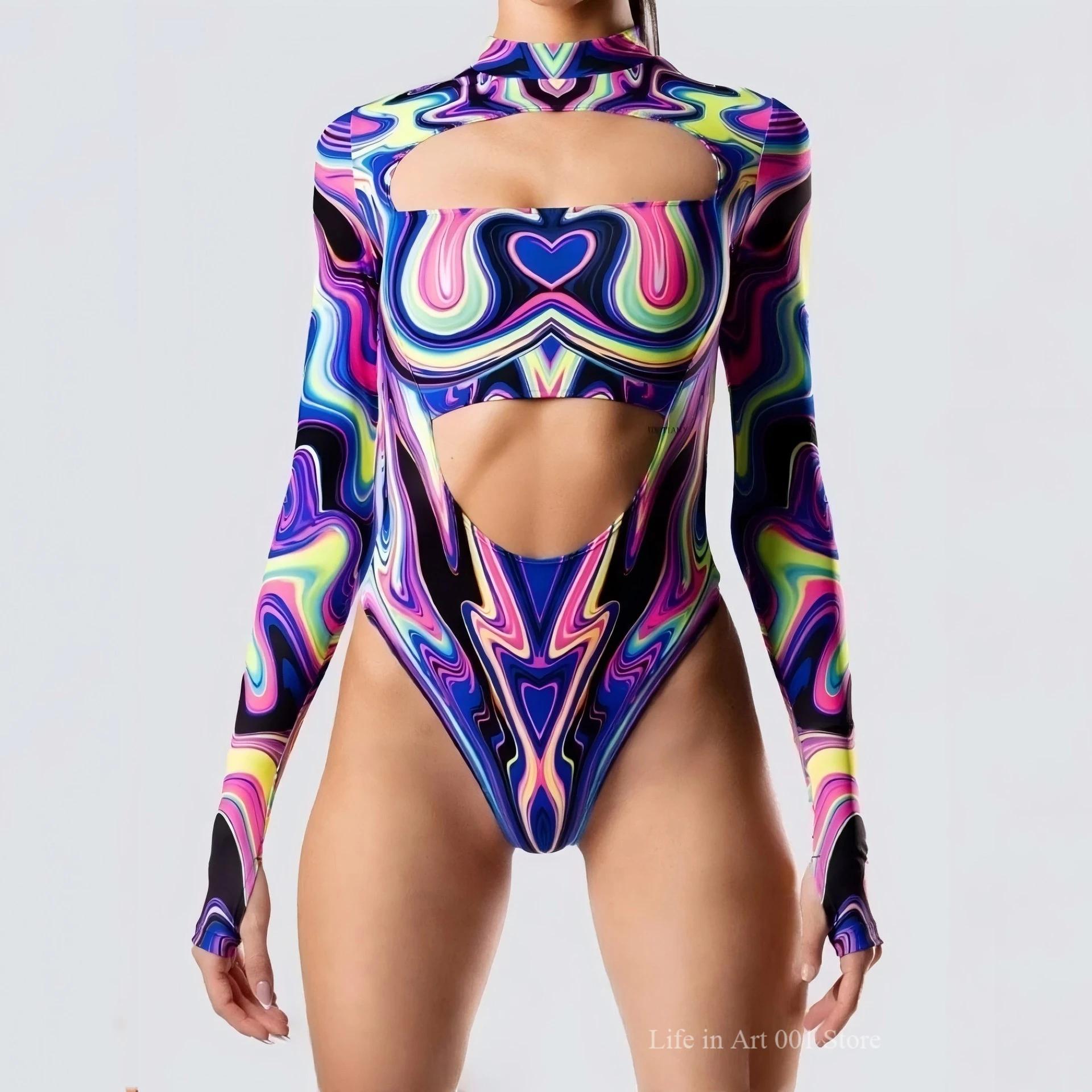 Body sexy da donna Collant con graffiti artistici femminili Tuta Body a cuore aperto Top Festa di carnevale Costume da bagno cosplay Costumi da bagno