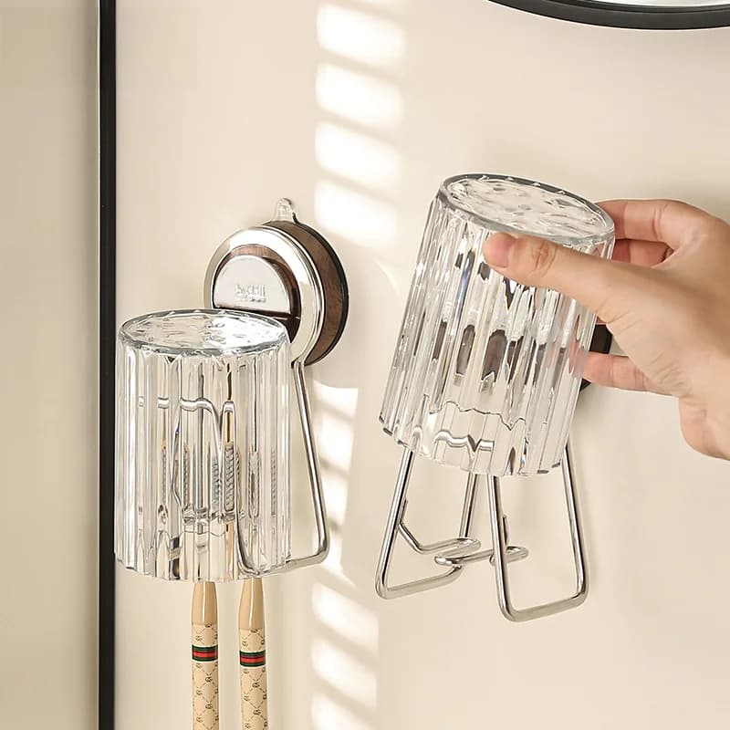 Portaspazzolino a Muro con Effetto Noce, Supporto per Bicchieri e Organizer Bagno Senza Foratura