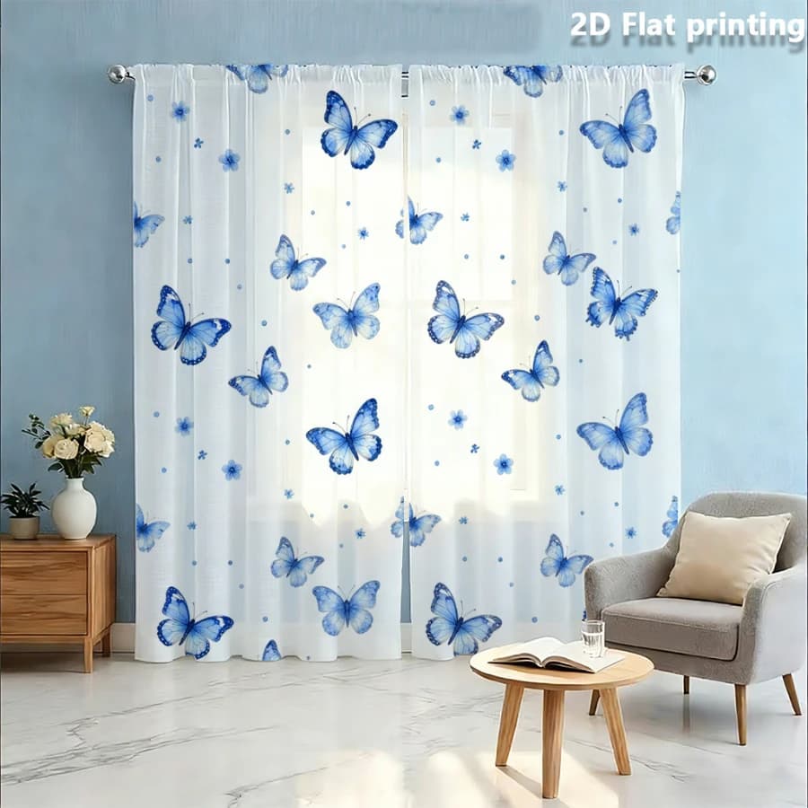 2PCS Digital Print Sheer Curtain, Blue Butterfly Small Flower, Boho Chic Window Curtains for Living Room Bedroom Home Decor