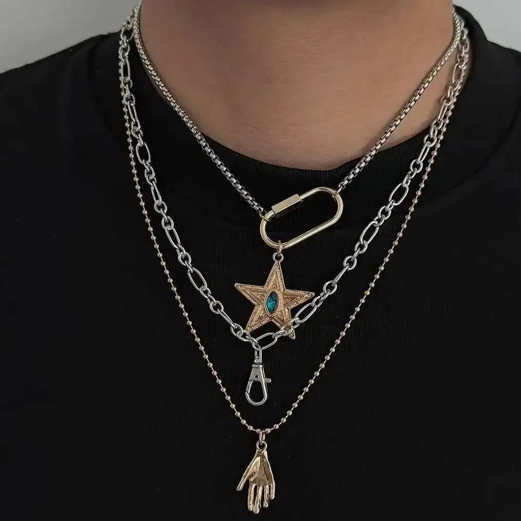 Ingemark 3 Pcs/Set Trendy Star Palm Key Pendant Necklace for Men Hip Hop Retro Multi Layer Thick Metal Chain Jewelry on the Neck