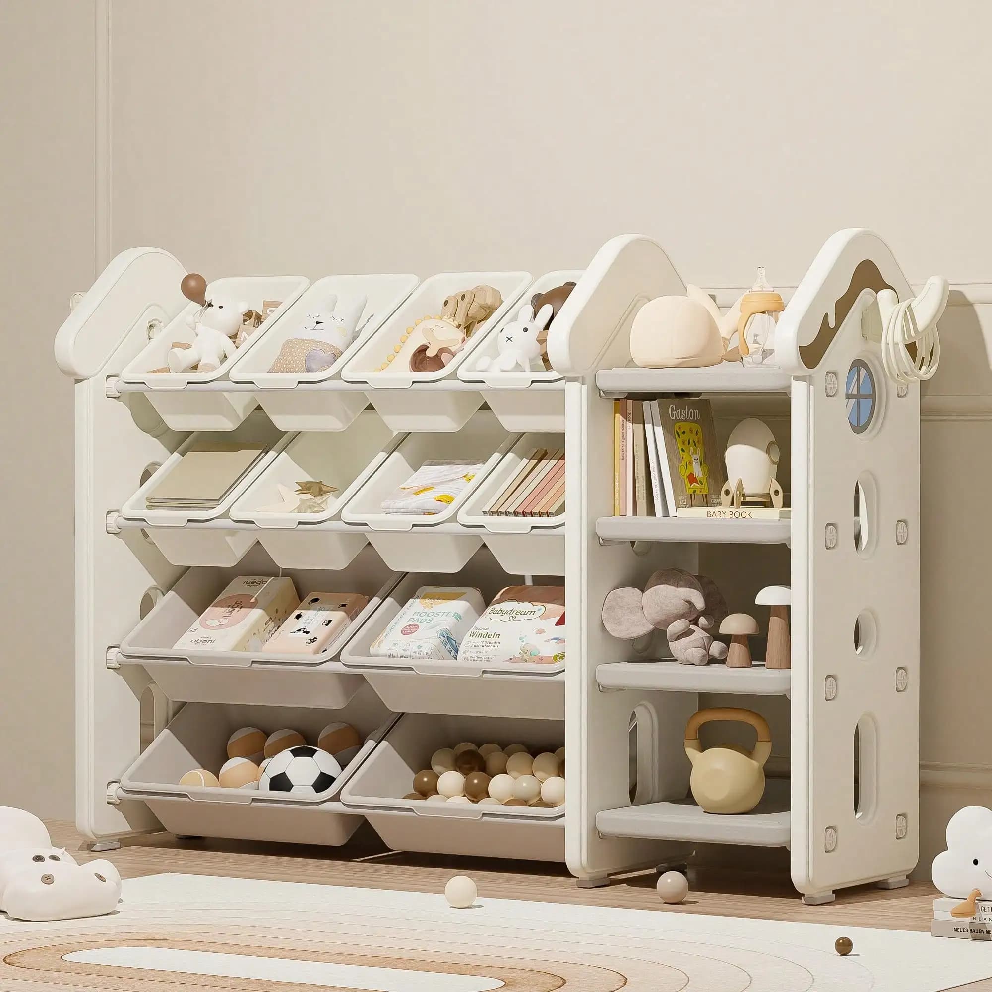 Toy Storage Organizer With 10 Removable Bins, Foldable Toy Organizers And Storage With 3-Tier Bookshelf For Toy Storage Organizer With Drawing Board, Extra 3 Brushes