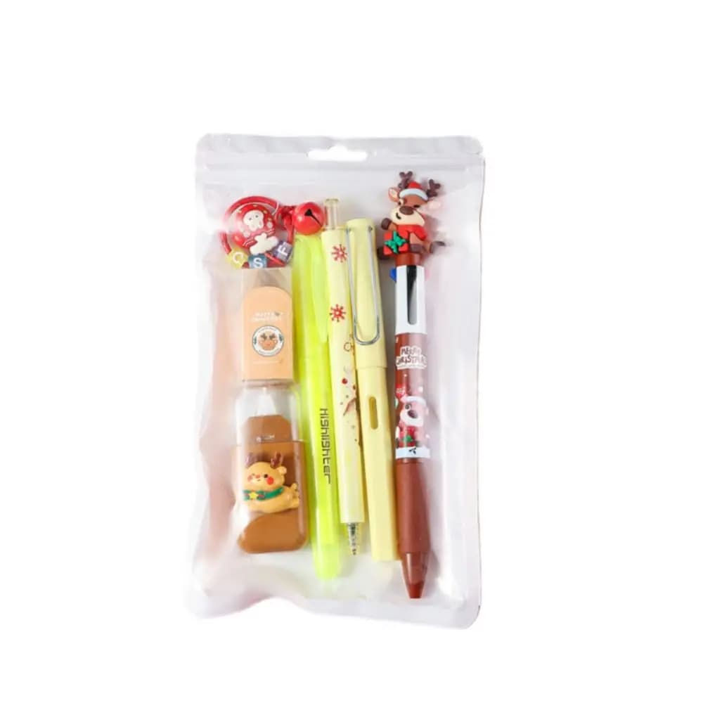 Set di cancelleria multifunzionale 7 in 1 con design di cervi natalizi, evidenziatore con penna gel portatile, premio scolastico