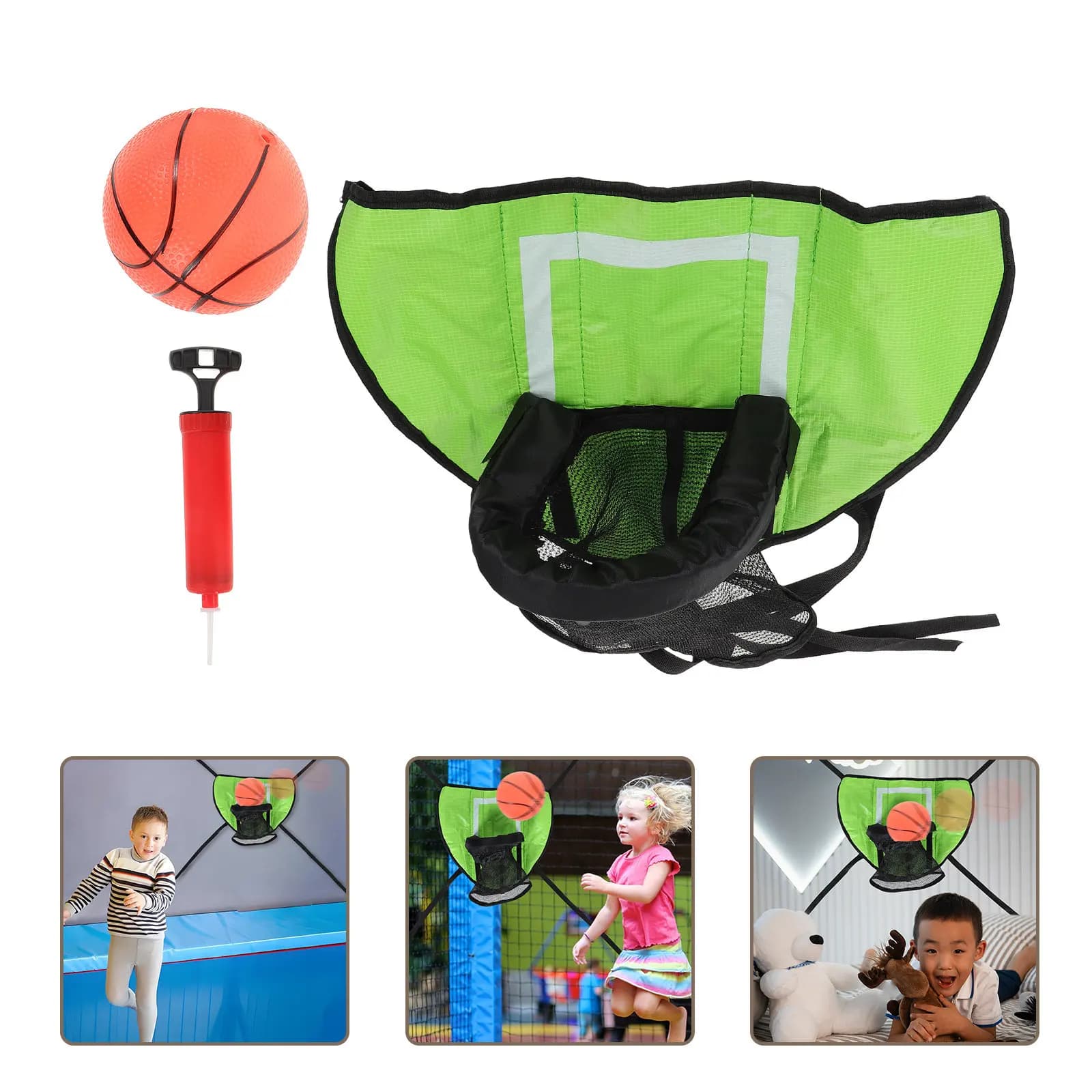 Set of 1: Trampoline with basketball basket, 3 mini balloons and pump - Adjustable sports set for garden, courtyard, interior and exterior