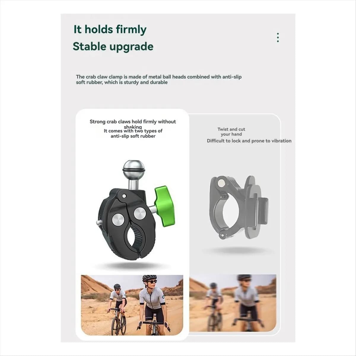 Versatile clamp for action room for motorcycles and bicycles, suitable for 15-35 mm tubes for
