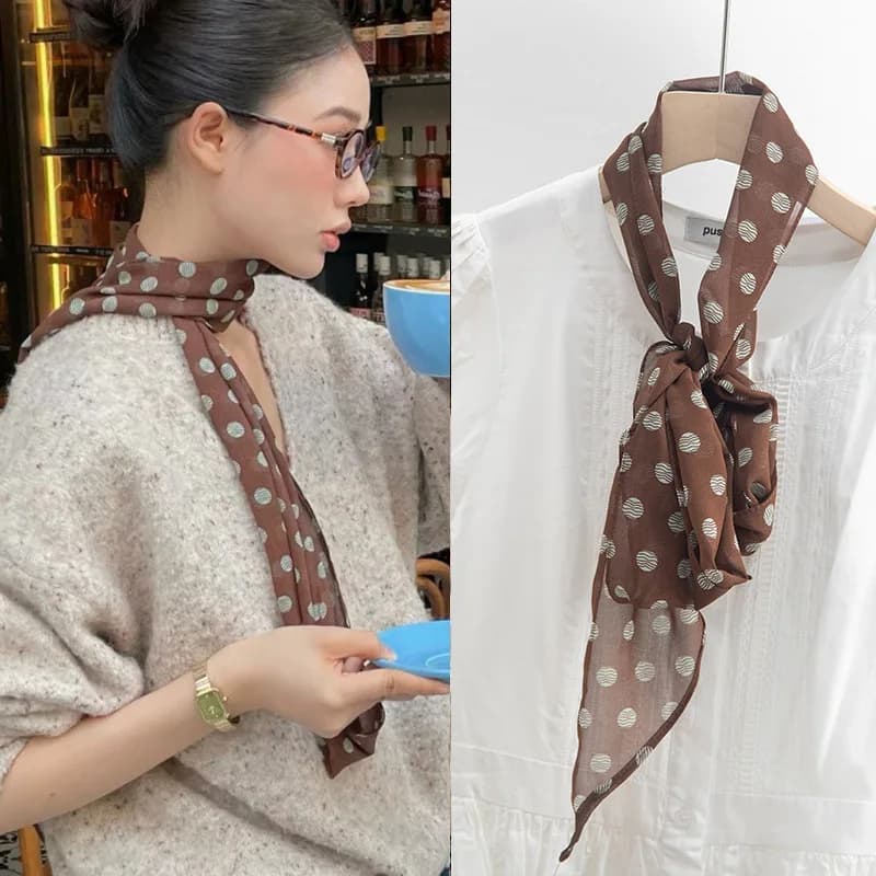 Brown polka dot silk scarf, versatile high-end accessory for women, tie, New Year's fashion, hair band