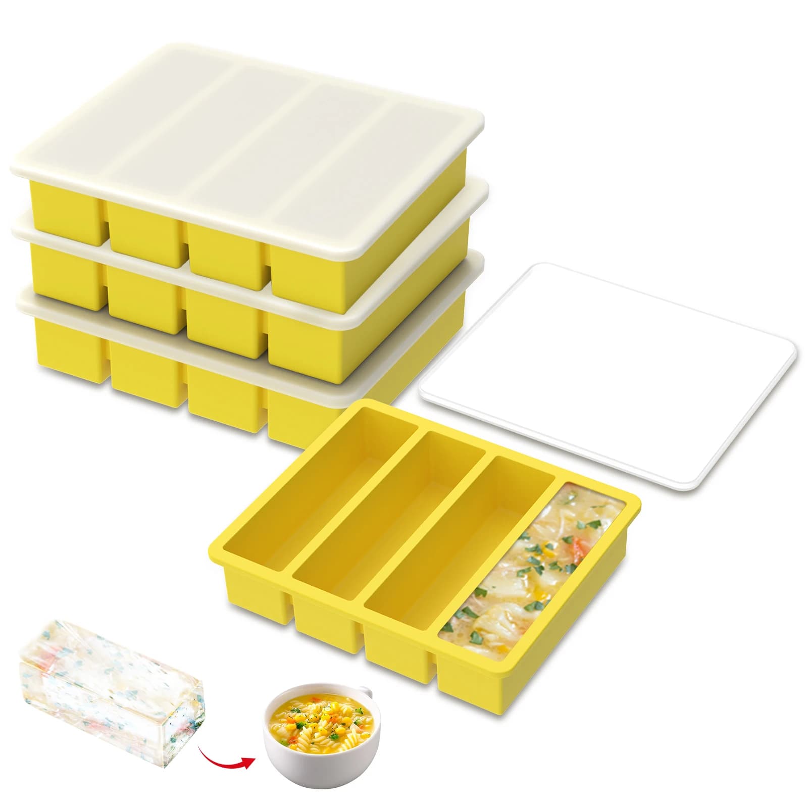 Set di 4 Stampi in Silicone per Freezer, Contenitori Multiuso con Coperchi per Preparazione Pasti, Vassoi per Congelamento Alimenti, Stampi per Cubetti di Ghiaccio e Zuppe