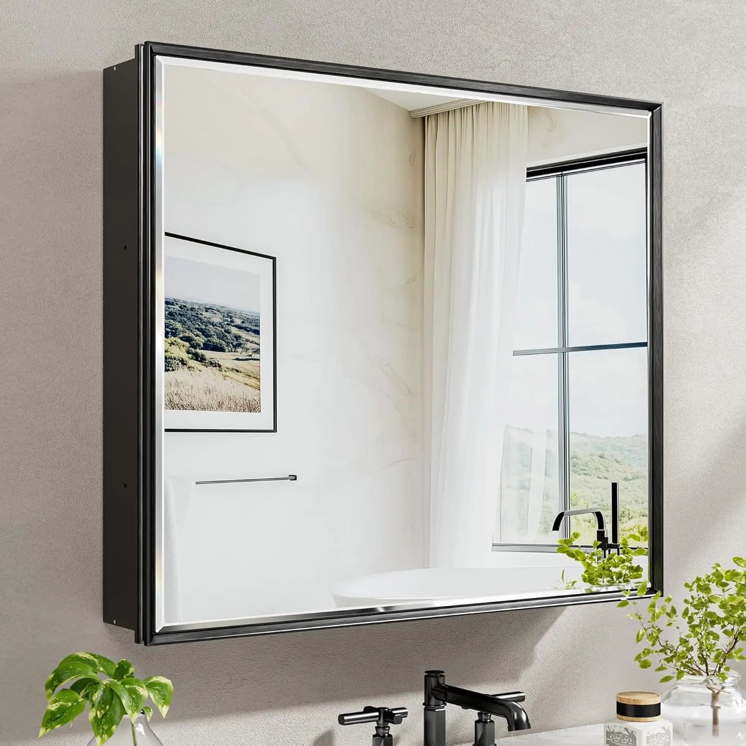 Armadietto Portamedicinali in Alluminio Nero con Specchio, Montaggio a Parete/Incasso per Bagno, 30x26, Preassemblato con Ripiani Regolabili, Personalizzabile