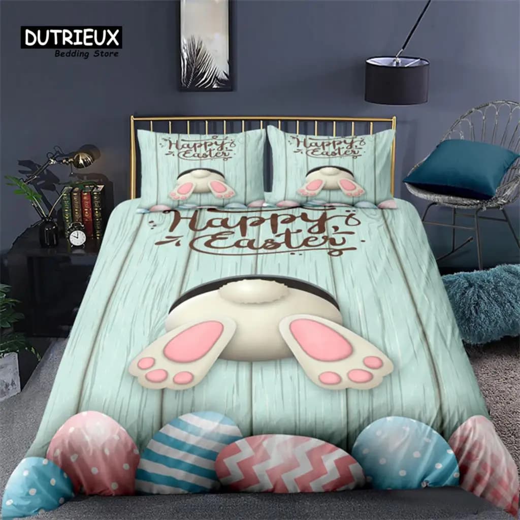 Morbido set di biancheria da letto con uova di Pasqua Stampa 3D Coniglio Uova di cartone animato Copripiumino Federa in poliestere Saluti e regali per il giorno di Pasqua