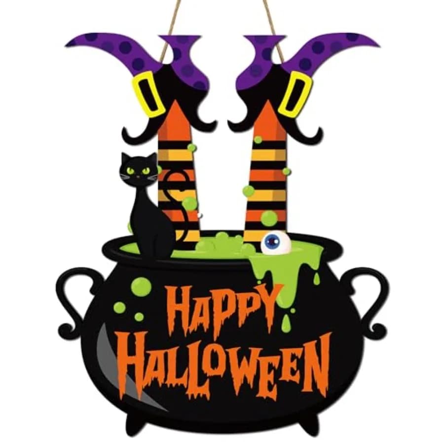 Cartello per porta strega di Halloween Happy Halloween Targa in legno Targa per gamba della strega Decorazione per cerniera per porta d'ingresso Cartelli di benvenuto in legno per la casa Farmho