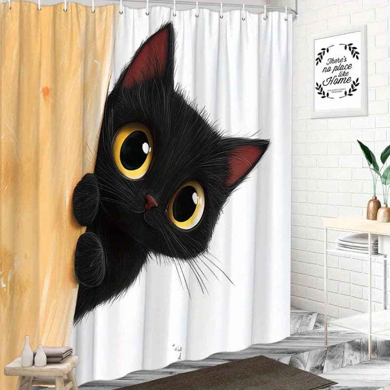 Simpatico gatto nero tenda da doccia gatto che sbircia dalla porta Cartoon Art Pet Lover Decor tessuto impermeabile set di tende da bagno stile casa