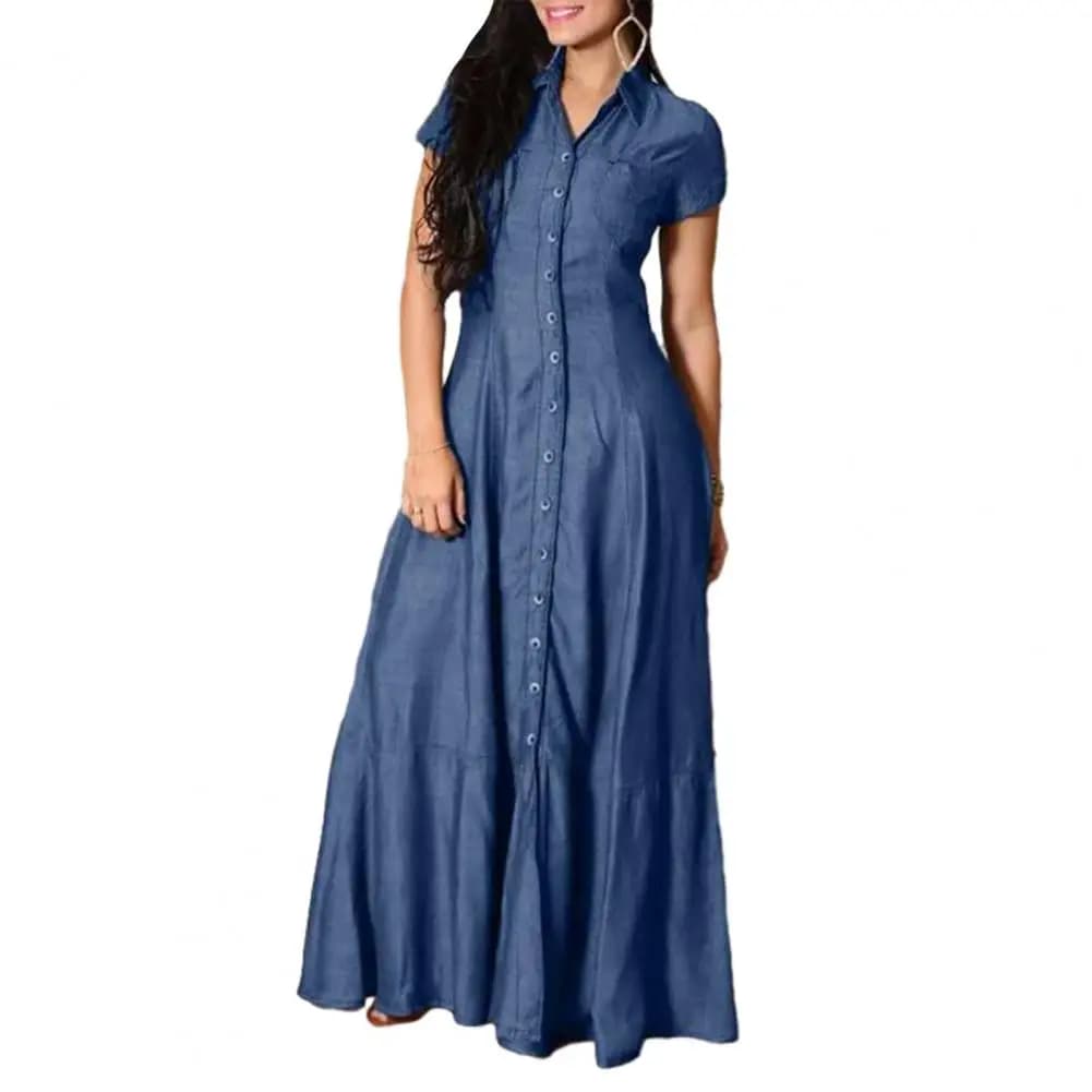 Abito in denim da donna Abito elegante in denim con tasche applicate sull'orlo con volant Abito lungo a vita alta a trapezio da donna per casual o formale