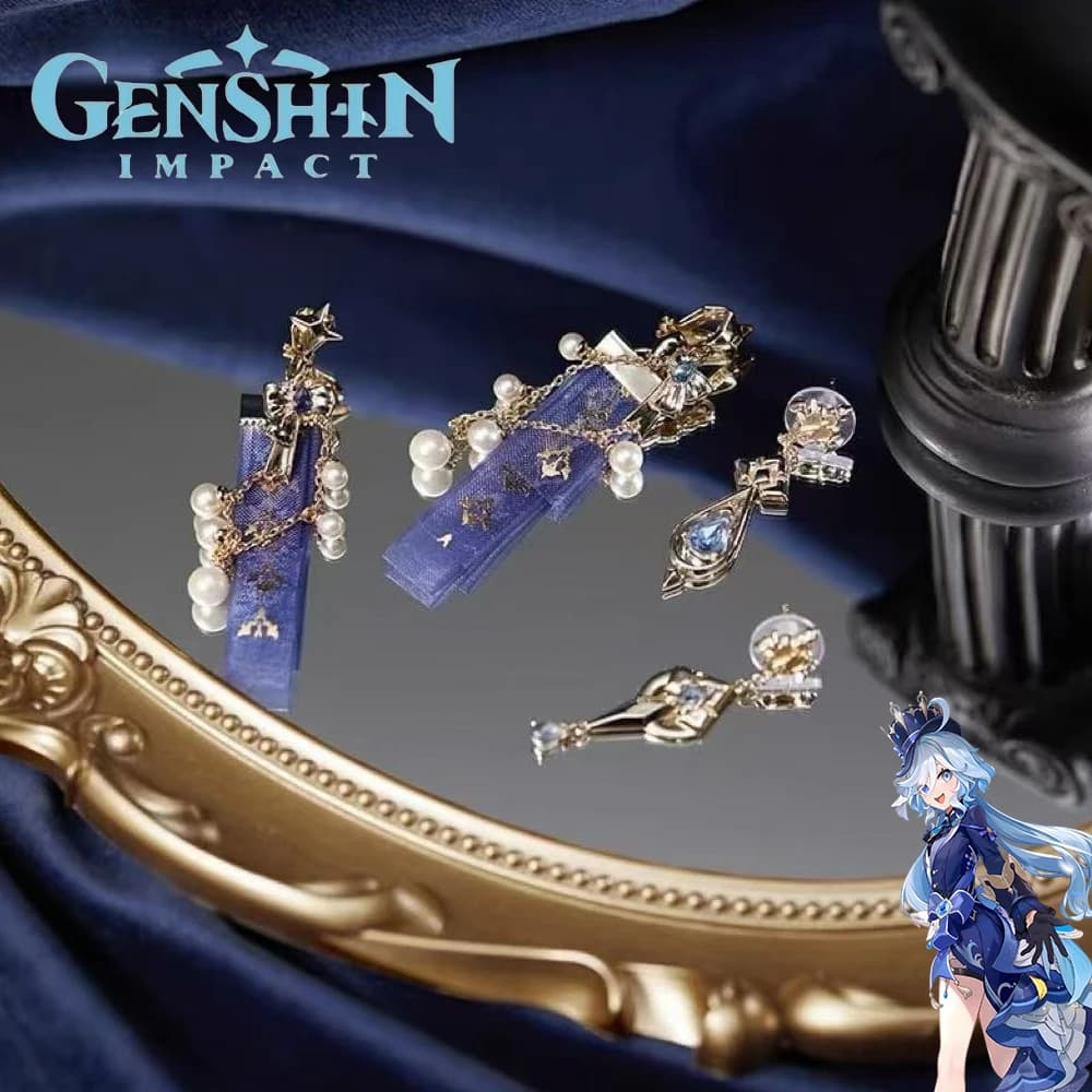 Game Genshin Impact Furina Cosplay Earrings Metal Button Eardrop Eardrop Beads Adult Chain Clips for Ear Punches for Fashion Party
