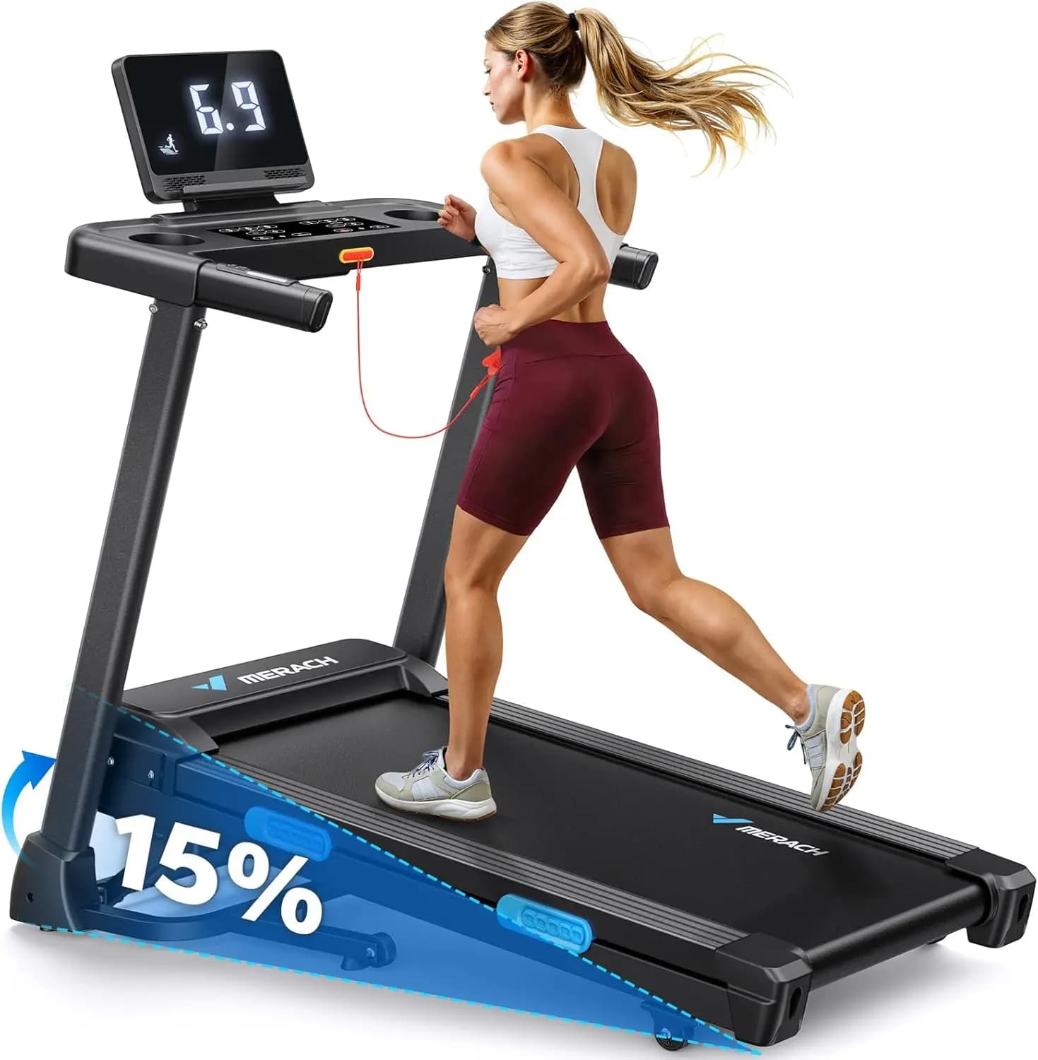 Foldable Treadmill for Home with Adjustable Incline 0%-15%, 300Lbs Capacity Double-Deck Running Belt, 0.5-7.5MPH Speed, 2.5HP Brushless Motor, Quiet Operation, LED Display & Smart APP Control