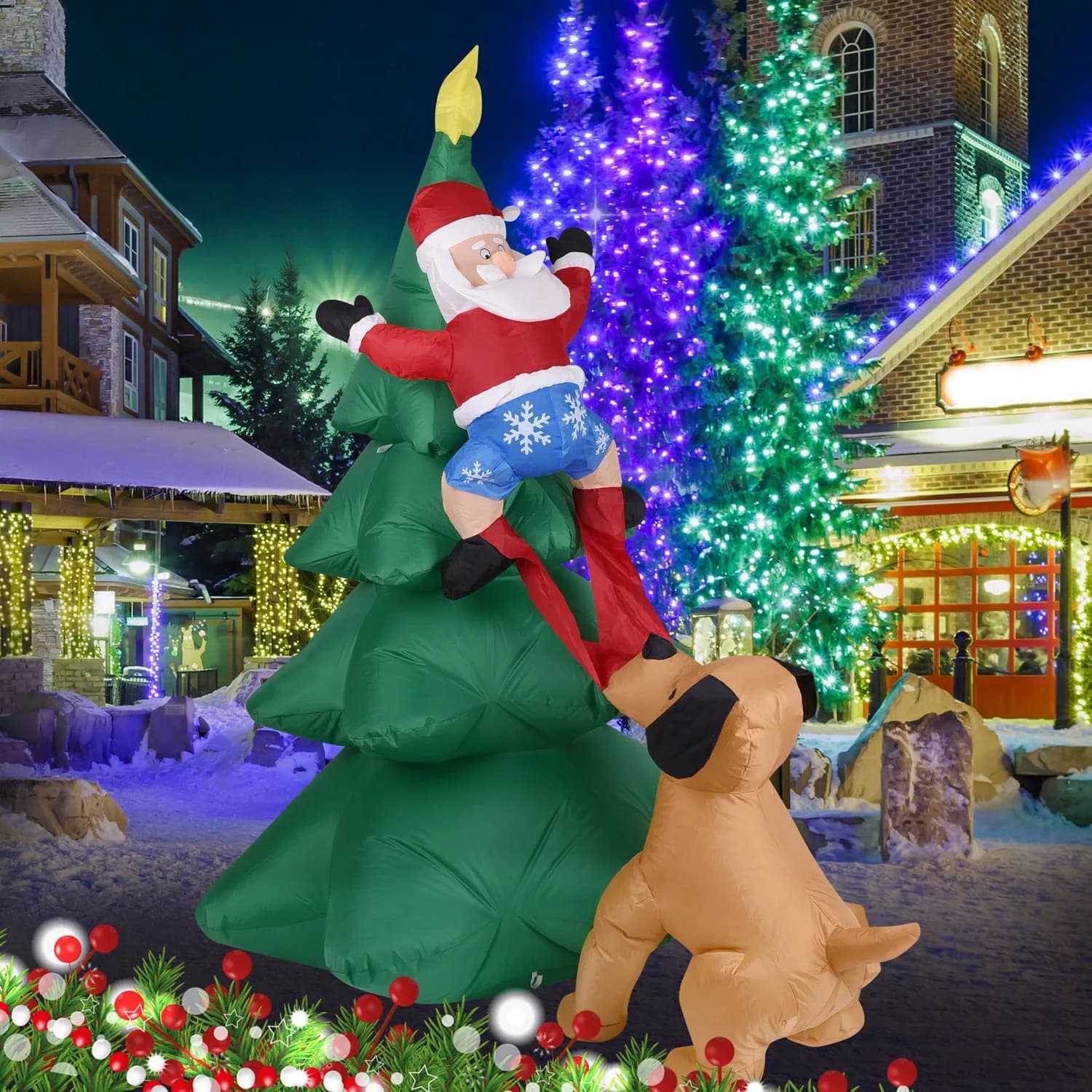 Christmas Inflatable Dog w/Santa Claus Climbing Tree Lighted Blow Up Outdoor Yard Lawn Decoration for Home Garden Holiday Party