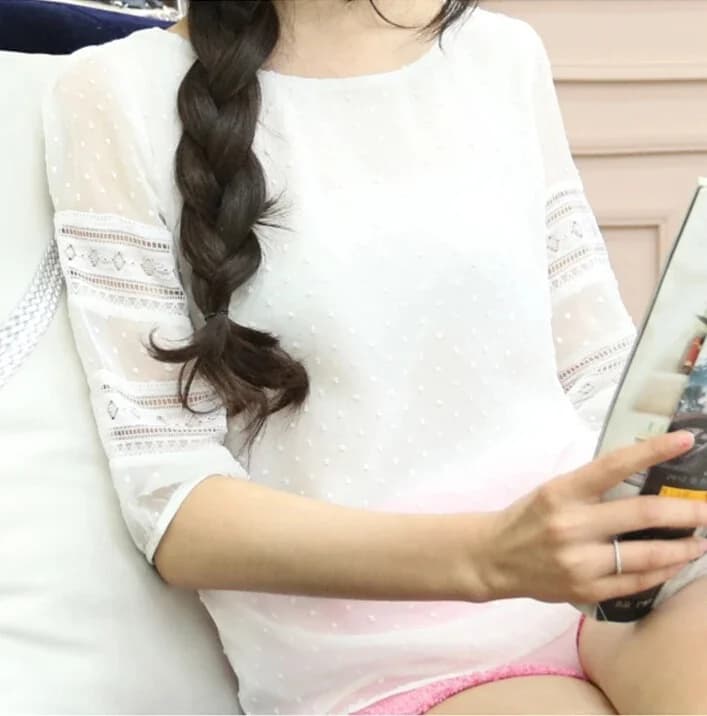 Women's Top Fashionable blouse Half sleeve chiffon shirts Lace stitching