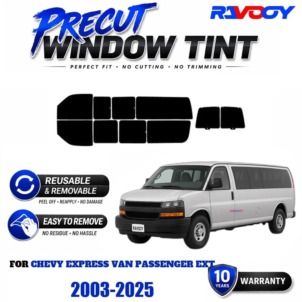 Precut Window Tint, Reusable Removable EPU Film, Custom Fit for Chevy Express Van Passenger EXT 2003-2025, UV Heat Protection