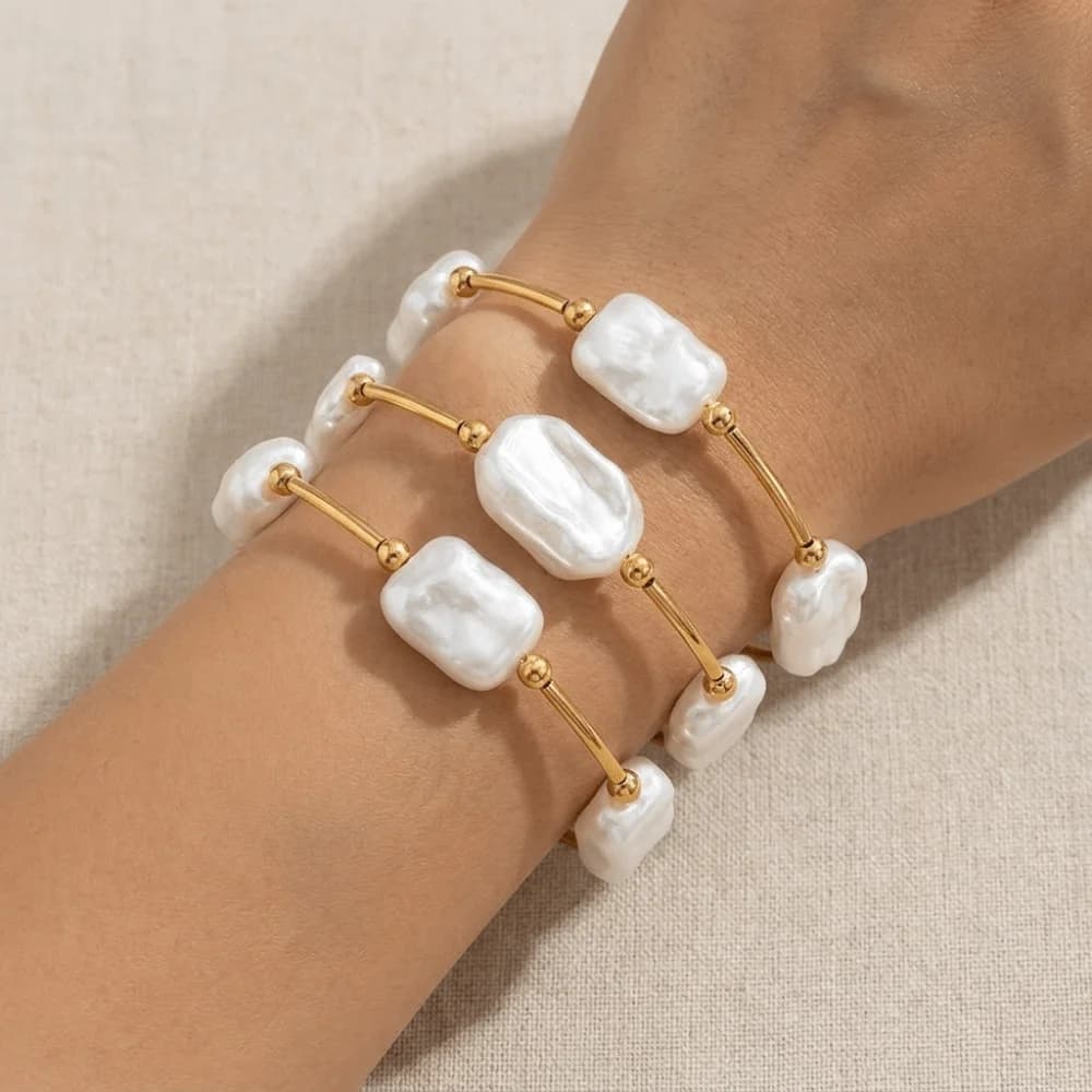 3Pcs/Set Pearl Stacked Bracelet Elastic Color Blocking Beaded Bracelet Set European American Style Hand Chain