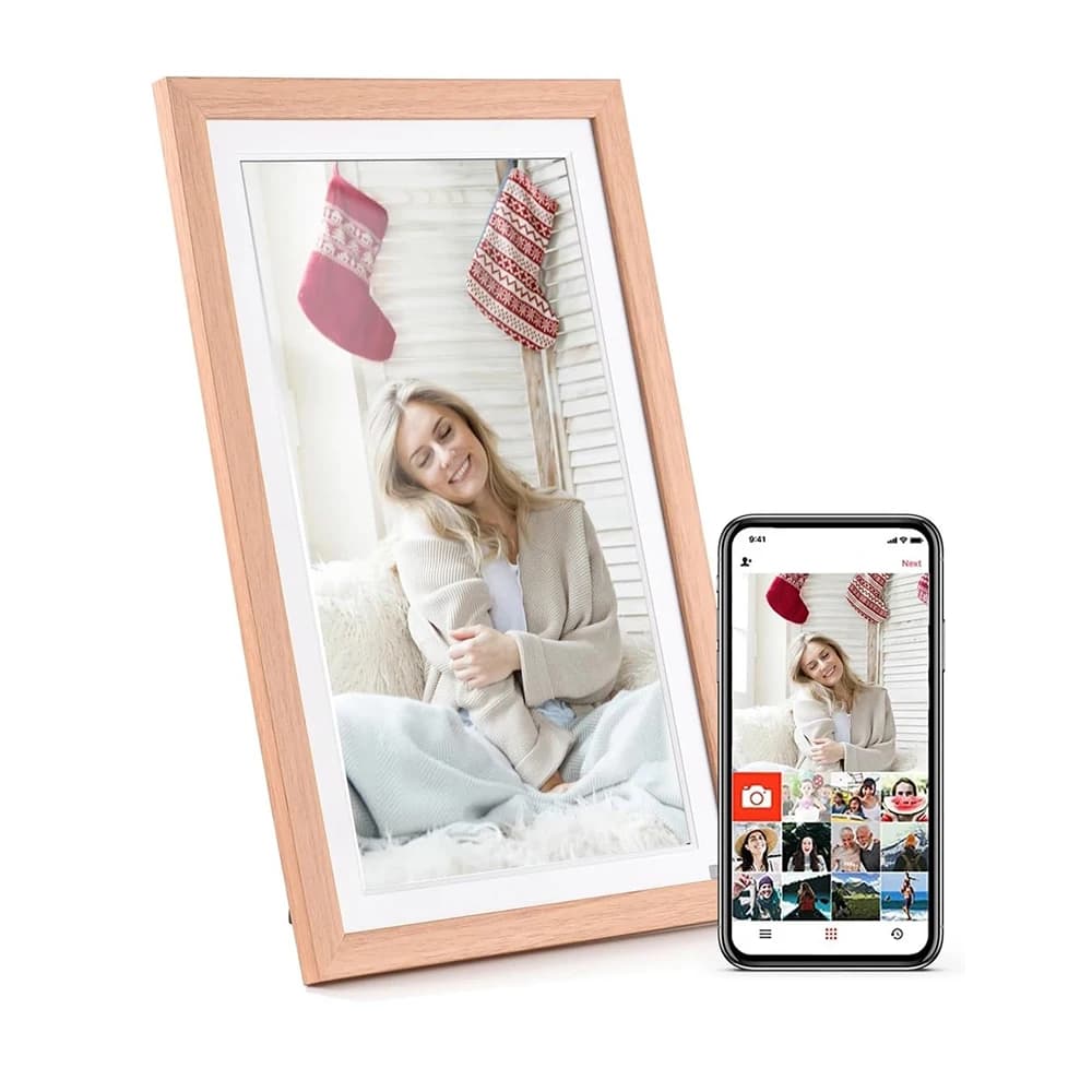 Cornice Digitale WiFi Smart da 15,6 Pollici con Schermo Touch IPS HD in Legno, Facile Configurazione per Condividere Foto o Video da Remoto Tramite App