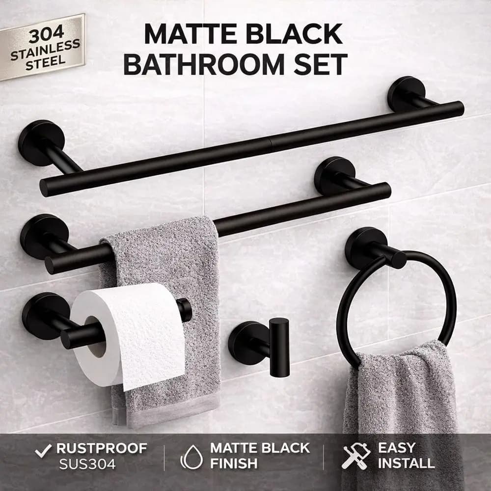 Set da Bagno in Acciaio Inox SUS304 Nero Opaco, Combo 5 Pezzi con 24 e 16 Portasciugamani, Porta Carta Igienica, Anello Portasciugamani e Appendiabiti