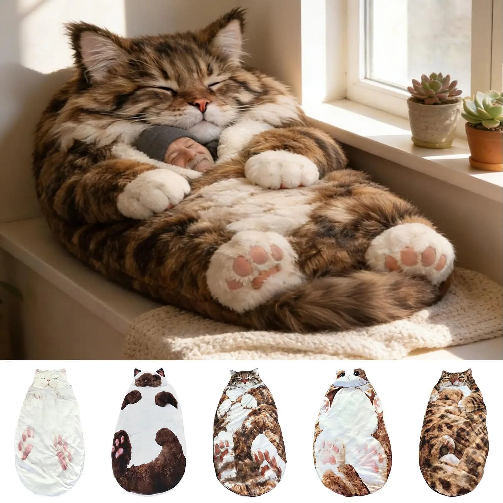 Sleeping bag 175x80cm with cat motif, washable, for adults, for cold climates, for interior, house, bedroom, living room, apartment