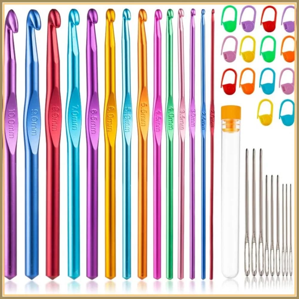 Set di 14 uncinetti di diverse misure (2.0–10.0mm), aghi in metallo colorati, impugnatura ergonomica confortevole