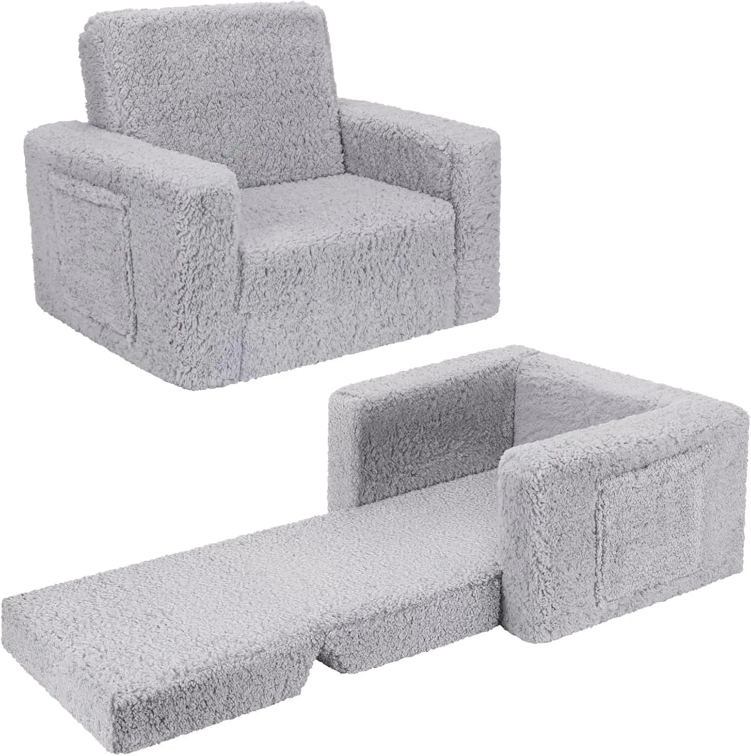 Convertible Toddler Couch to Lounger, Pull Out Sofa with Sherpa Cover, Dark Grey