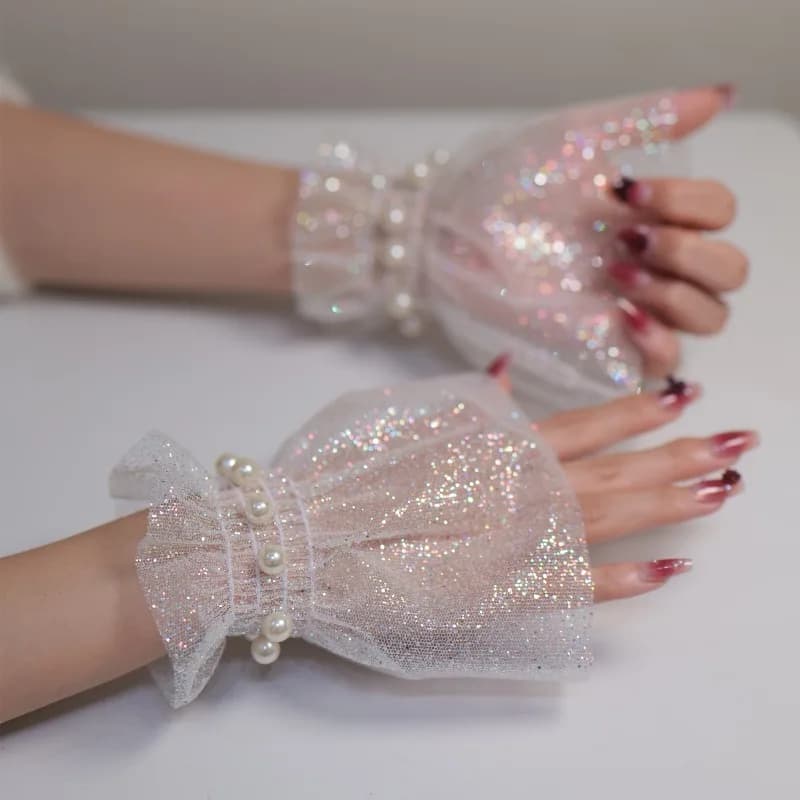 Covers-maniche in original pearl, cuffs in ultra-liter net shocking pink for performance, nail art, photography, head covers for hands.