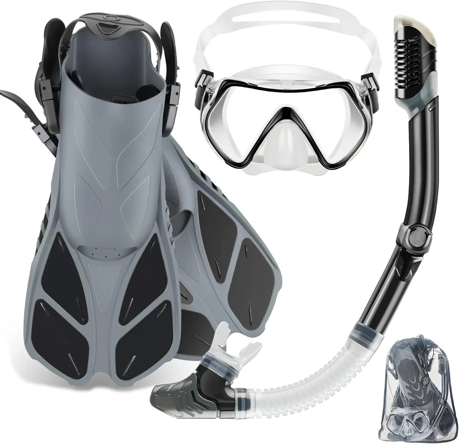 Set da Snorkeling per Adulti: Maschera Panoramica Antiappannamento, Pinne da Trekking, Boccaglio Dry Top e Borsa Porta Attrezzi - Kit per Allenamento di Nuoto
