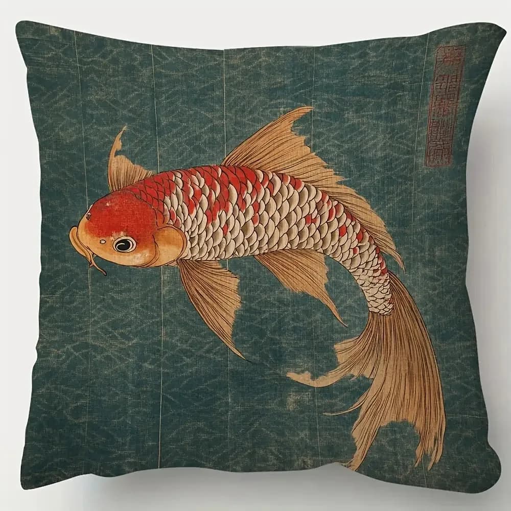 Federa Decorativa Tradizionale Giapponese con Pesci Koi, Copricuscino Artistico con Motivi Orientali per Divano, Camera da Letto, Ufficio