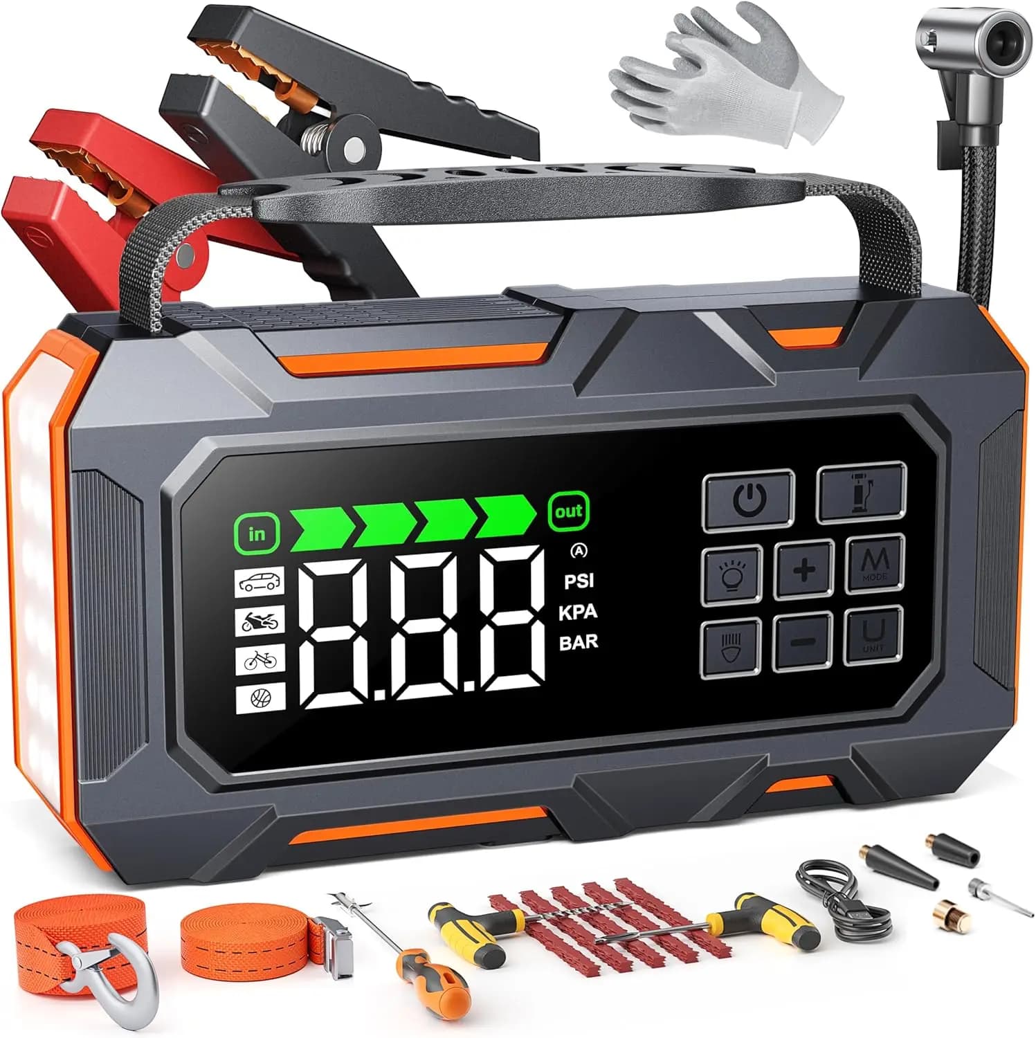 Avviatore di emergenza per auto 16 in 1 con compressore d'aria, potenza 8000 A per tutti i motori a gas e diesel, kit di emergenza incluso