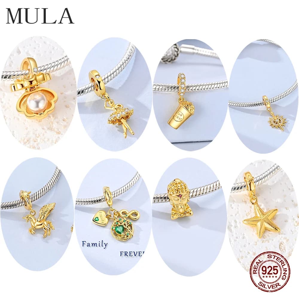 Ciondolo Charm Originale Mula in Argento Sterling 925 Dorato, Albero Genealogico, Stella Marina, Perla, Verme, Compatibile con Bracciale Originale per Gioielli da Donna