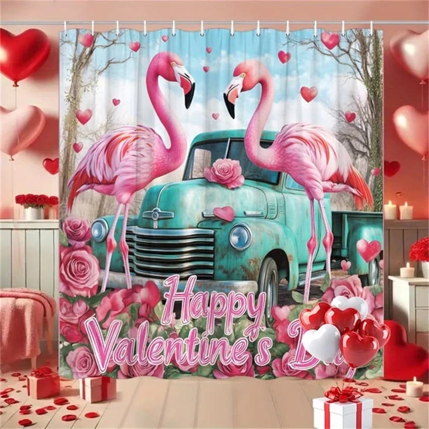 1 tenda da doccia Flamingo Valentine - camion verde, design romantico, poliestere, include ganci, 70,8x70,8"