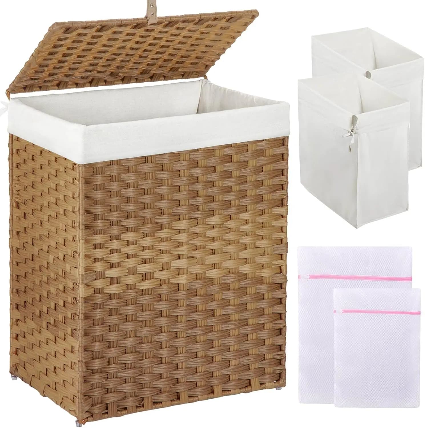 Cesto Portabiancheria da 90L con Coperchio, 2 Sacchi Interni Rimovibili e Sacchi in Rete, Cesto in Rattan Intrecciato a Mano per Camera da Letto e Bagno